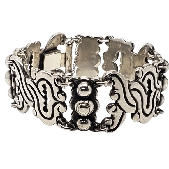 Taxco Mexico Sterling Silver Scroll Link Bracelet #22527 - Picture 1 of 12